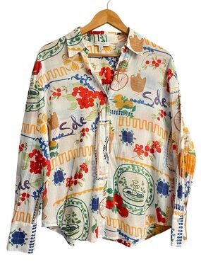 Maison d’Amélie Anthropologie Market Print Cotton Shirt Size L